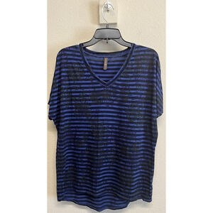 XCVI Womens Floral Striped Navy Black Tee T-Shirt Size S Tencel Cotton